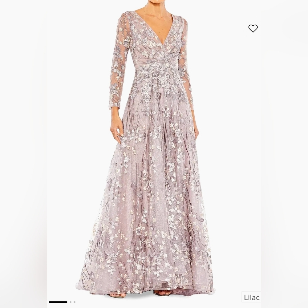 NWT MAC DUGGAL Embroidered Lace Wrap Over Illusion Long Sleeve A Line Gown Lilac
